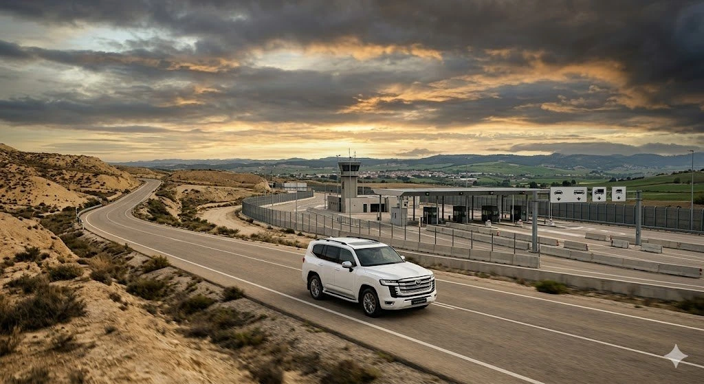 Toyota Land Cruiser 300 blanc arrivant à un poste frontière