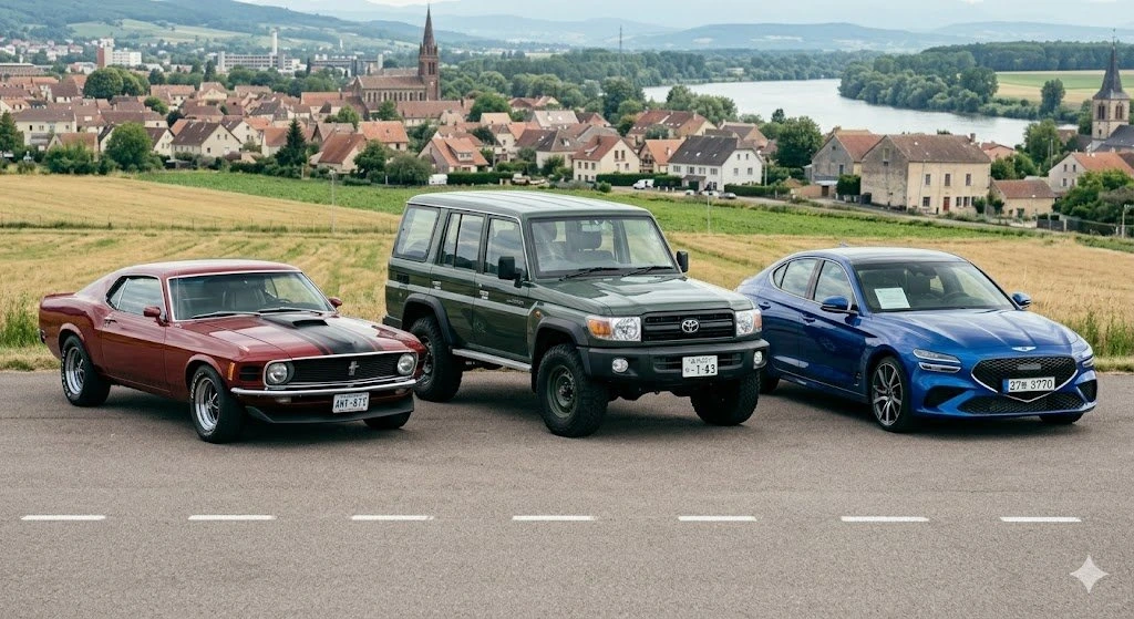 Ford Mustang, Toyota Land Cruiser et Genesis côte à côte en France